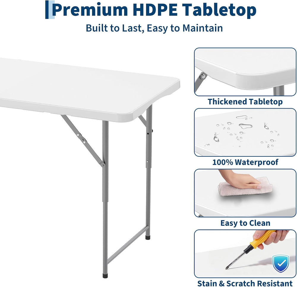 Garvee 4ft Folding Table HDPE Foldable Table with Carrying Handle 3 Adjustabl...