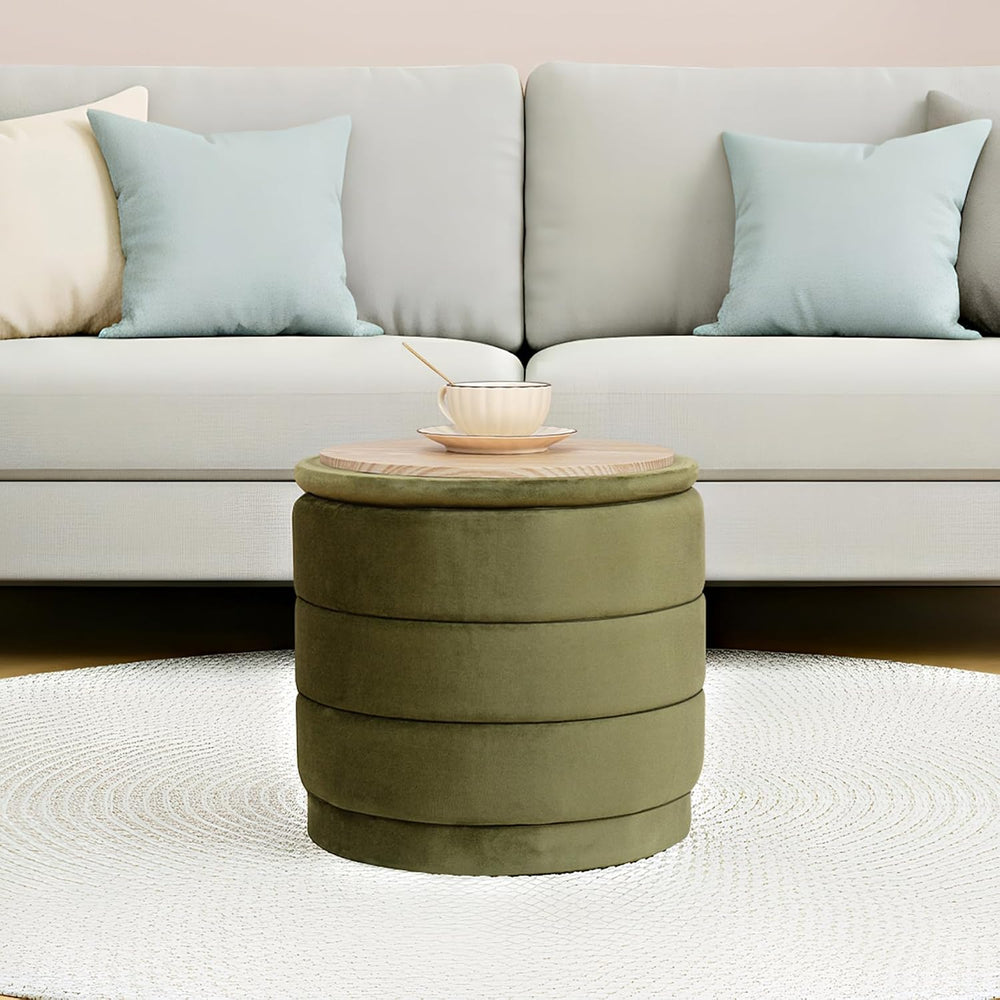 15.4" Round Velvet Storage Ottoman with Reversible Lid, Upholstered Circ...