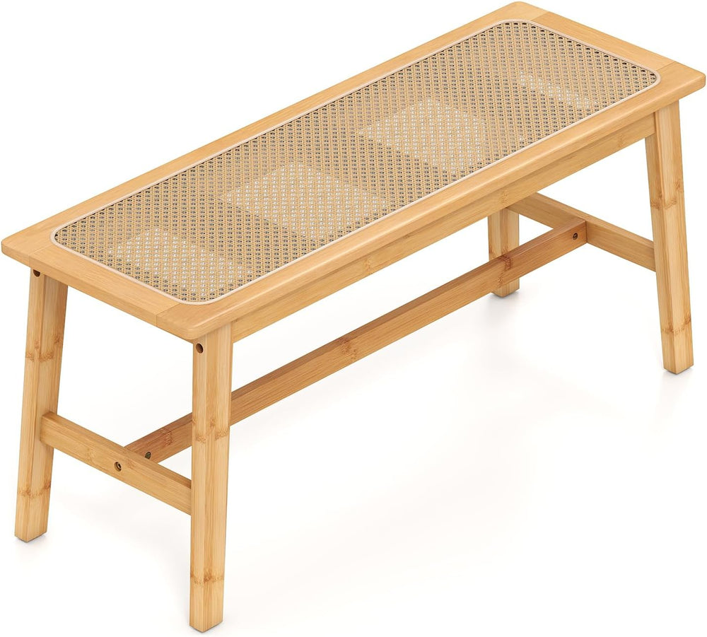 GOFLAME 39.5” Bamboo Dining Bench with Rattan Seat, Farmhouse End of Bed Benc...