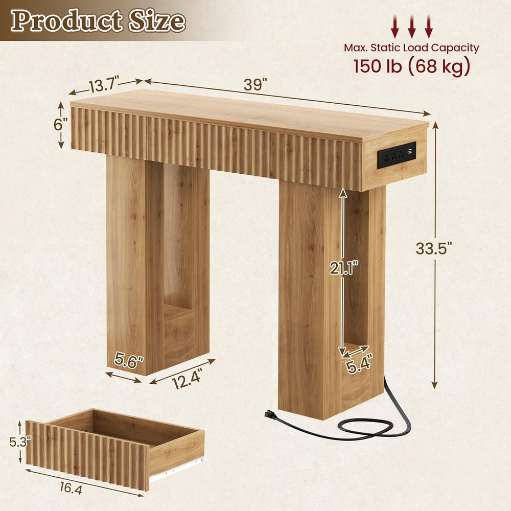 Unikito 39" Console Table with Storage Drawer and Outlets, Fluted Design...