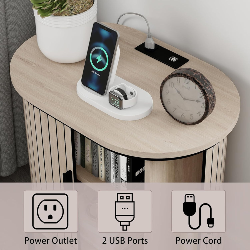 CANMOV Mid Century Modern Side Table,Oval Nightstand with Charging Station &a...