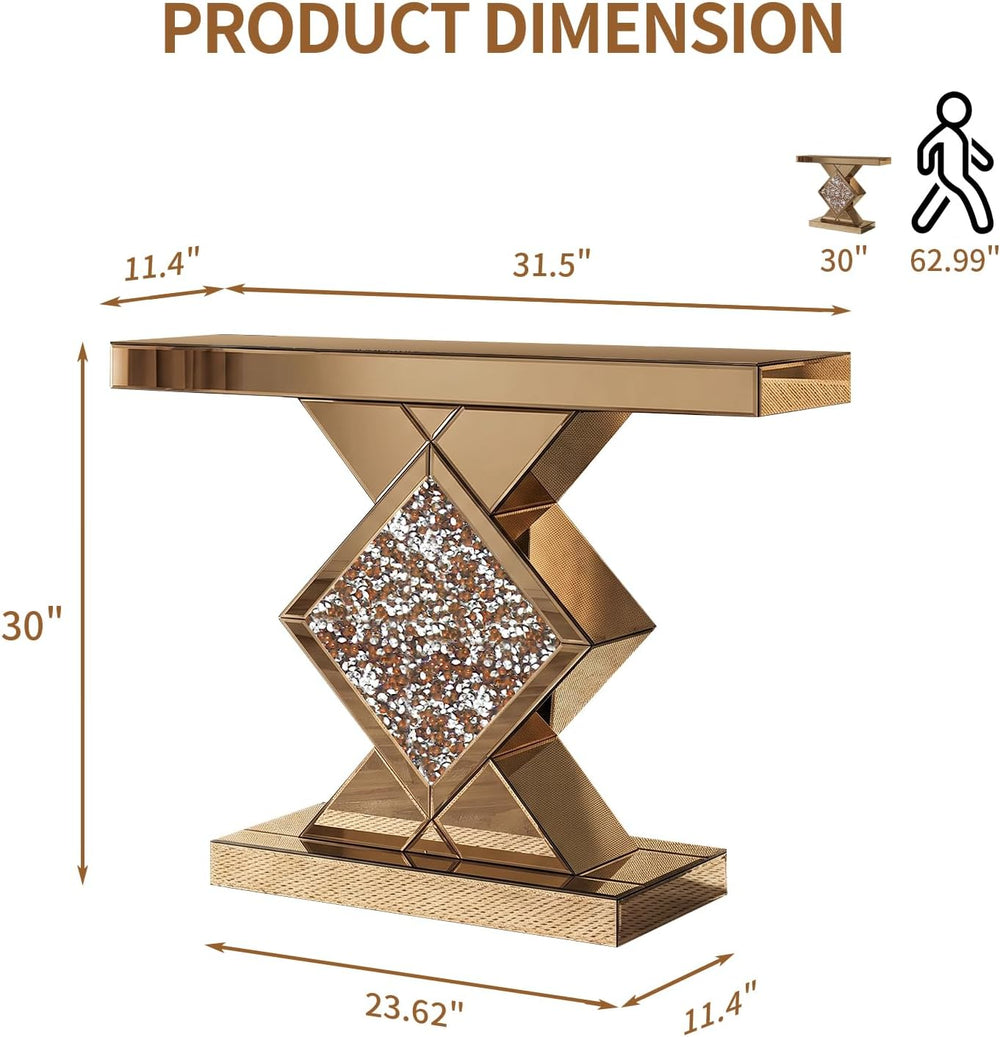 Tea-Colored Mirrored Console Table with Crushed Diamond lnlay, 32" Long ...