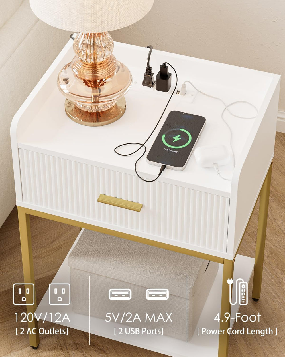 Nightstand with Charging Station, 3-Tier Bed Side Table, Small End Table, Nig...