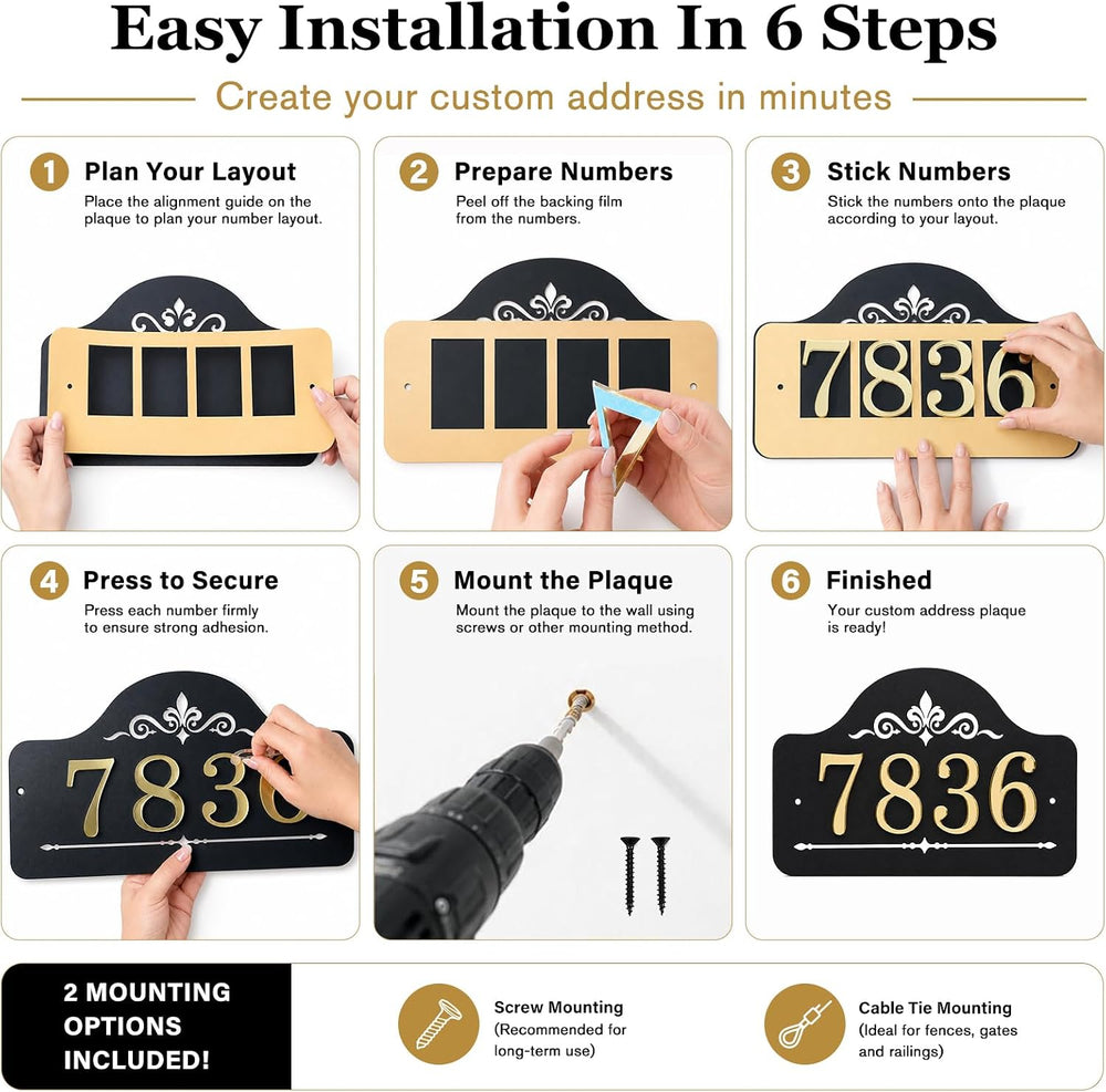 Metal House Number Sign with Mirror Gold Numbers, DIY Address Plaque