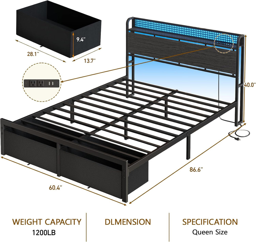 Queen Bed Frame with Storage Headboard,Charging Station,2 Drawers