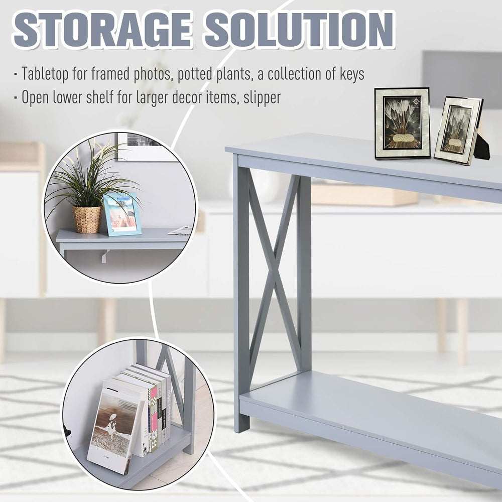 2 Tier Console Table, Sofa Side Table with Storage Shelf, X for Entryway, Liv...