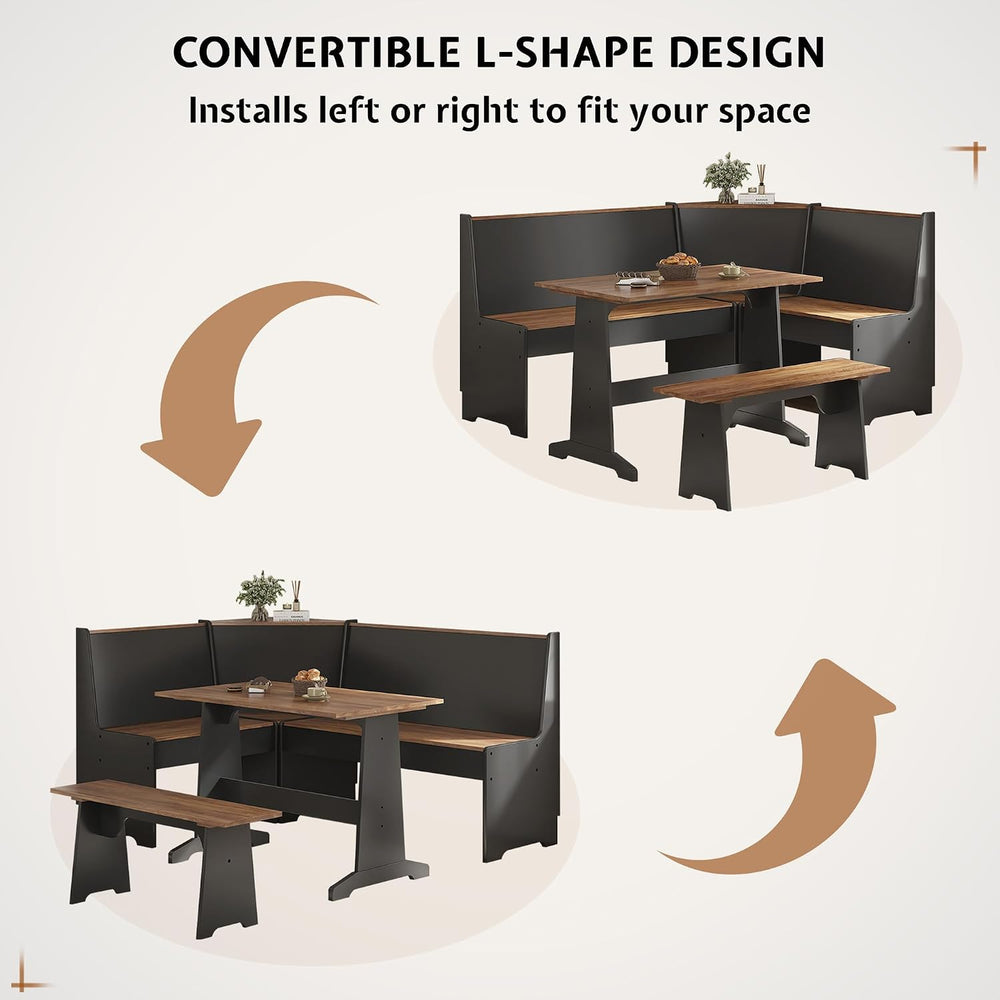 LUXOAK 3-Piece Corner Dining Set with Hidden Storage, Black Oak | Breakfast N...