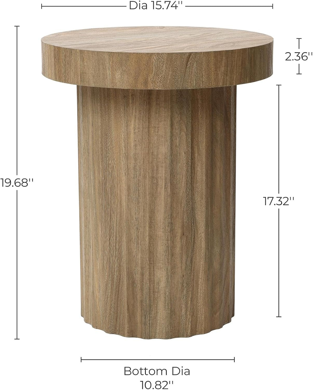 LuxenHome 19.7" H Wood Round Side Table, Natural Oak Finish Fluted Small...