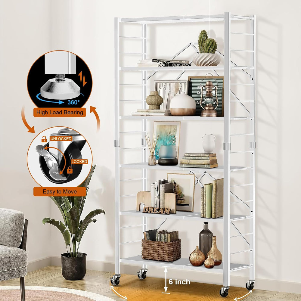 6-Tier Foldable Storage Shelves Expandable Shelf Wheels White 2-in-1