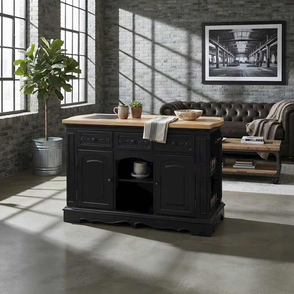 Furnifact Acacia Butcher Block Kitchen Island with Drawers and Adjustable She...