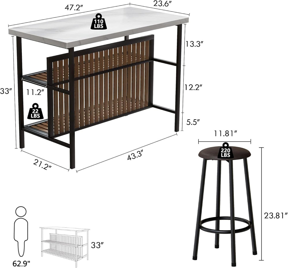 Kitchen Island with Seating & Storage, Bar Table and Chair Set, White