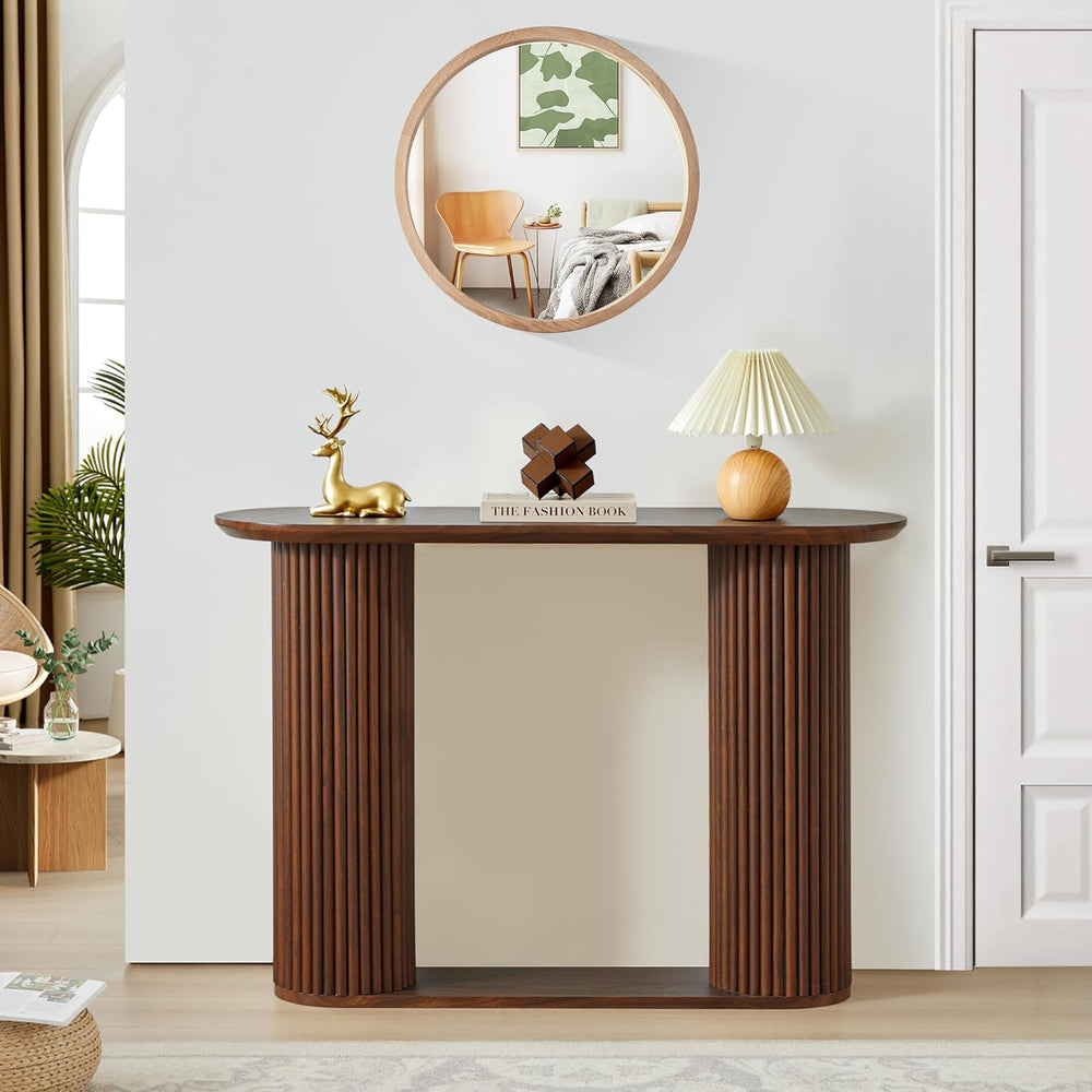 AVZEAR Fluted Entryway Console Table with Storage Shelf, Oval Curved Mid Cent...