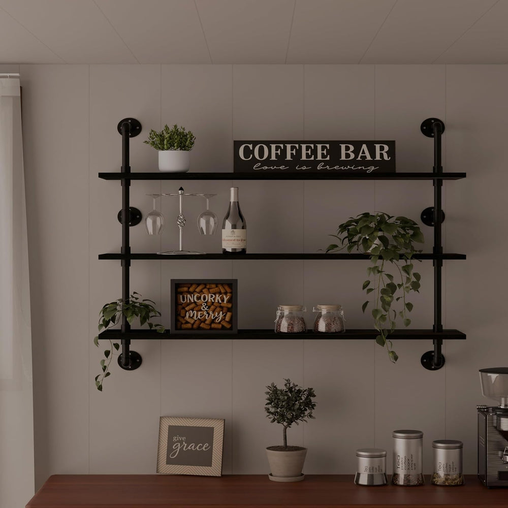 HDDFER Industrial Pipe Shelving Rustic Black Wall Shelves with Wood Planks In...