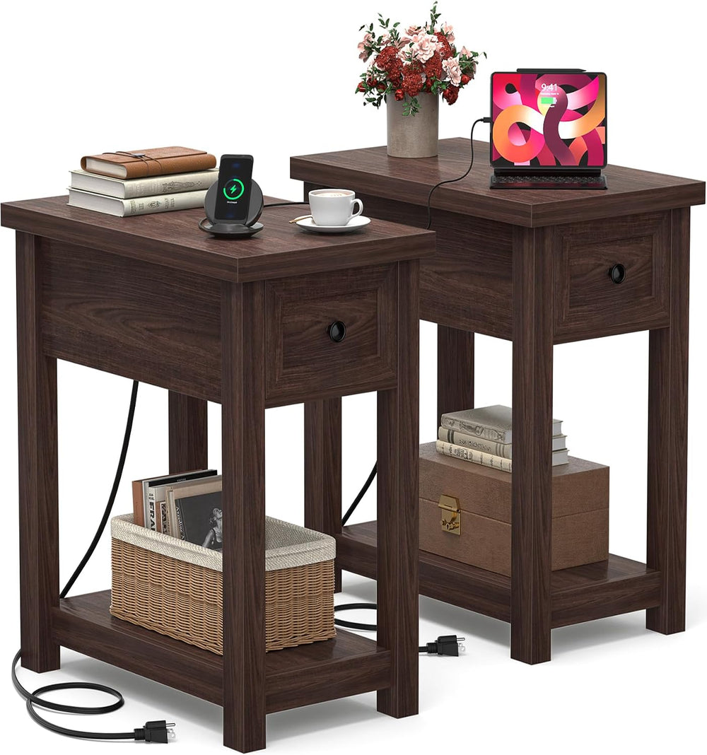 Farmhouse Narrow End Table Set of 2 with Charging Station, 13.8" Wide