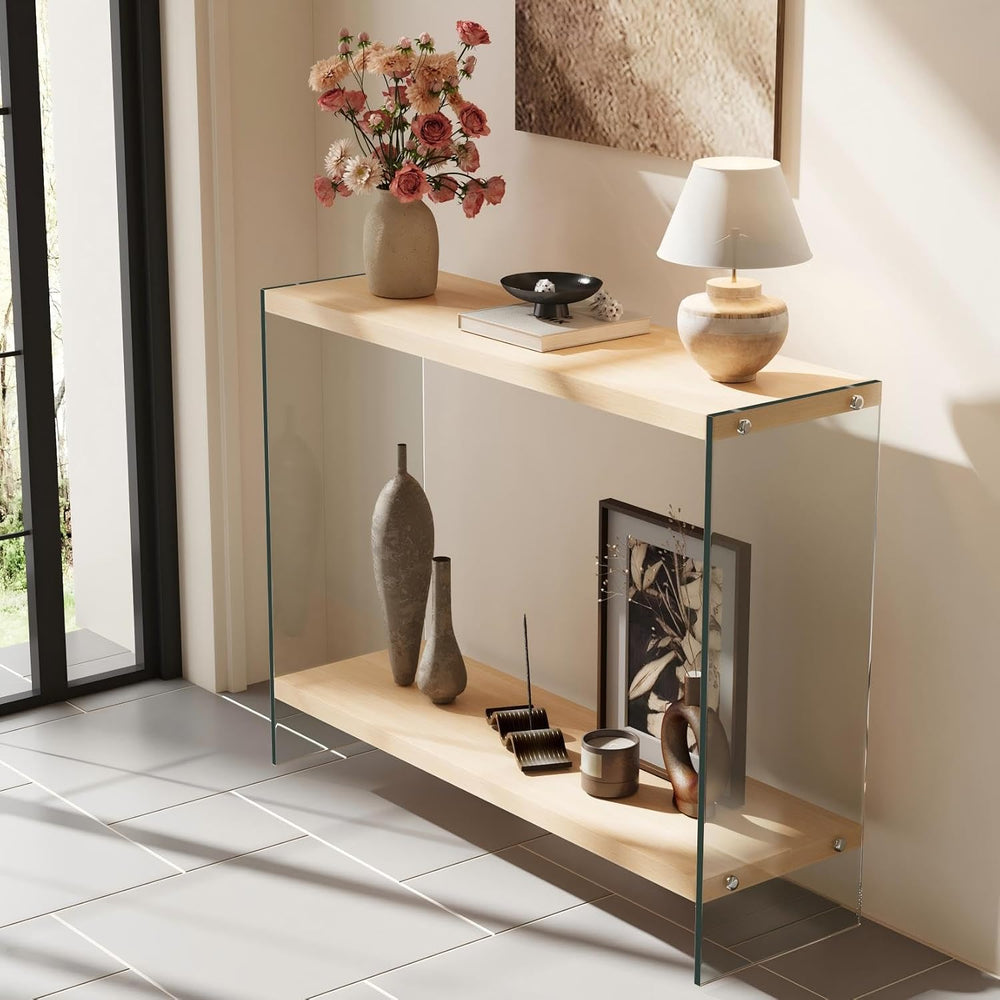 Console Table 2-Tier: 39.4 in Wide Rectangle Wood Shelf Glass Sides | Modern ...