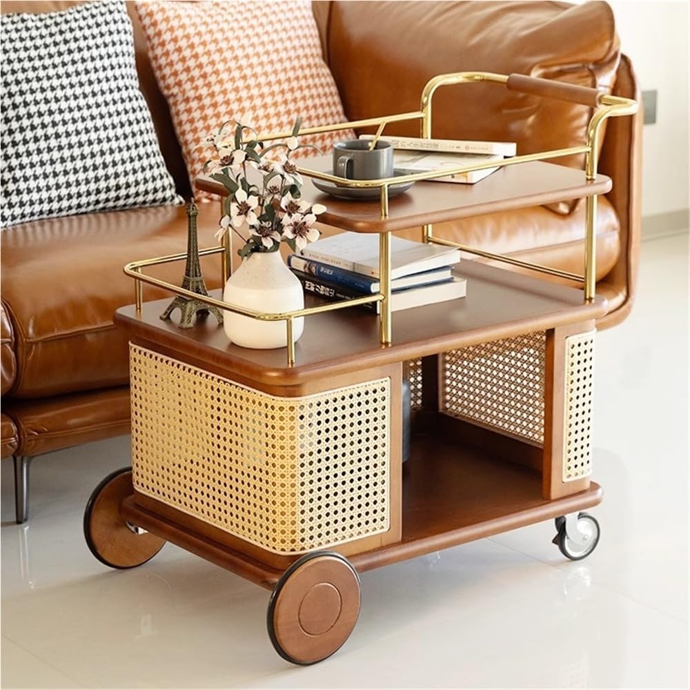 Solid Wood Mobile Side Table with Wheels, Rolling End Table with Storage Shel...