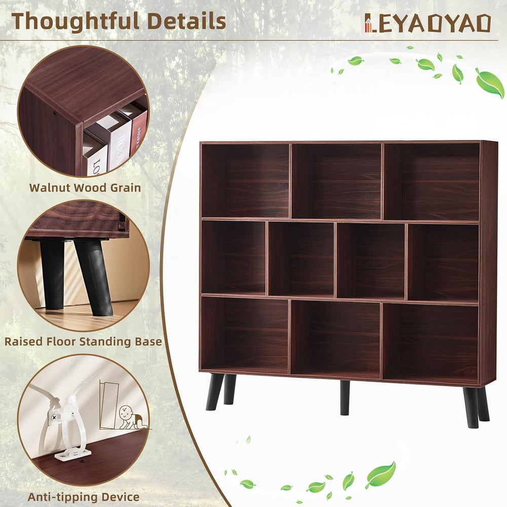 LEYAOYAO 10 Cube Bookshelf, Mid-Century Modern Book Shelf with Legs, Walnut