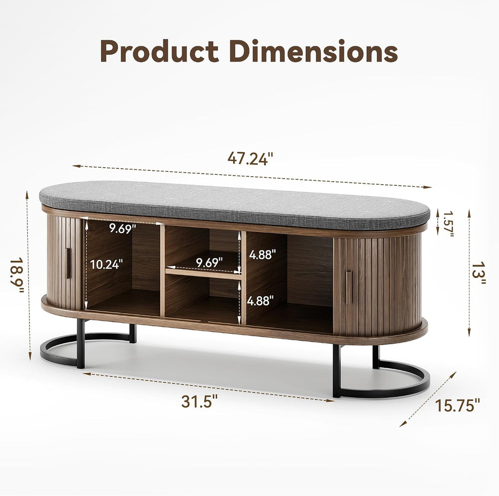 Decofy Shoe Storage Bench with Cushion and Sliding Doors, 47.2 Inch Shoe Benc...