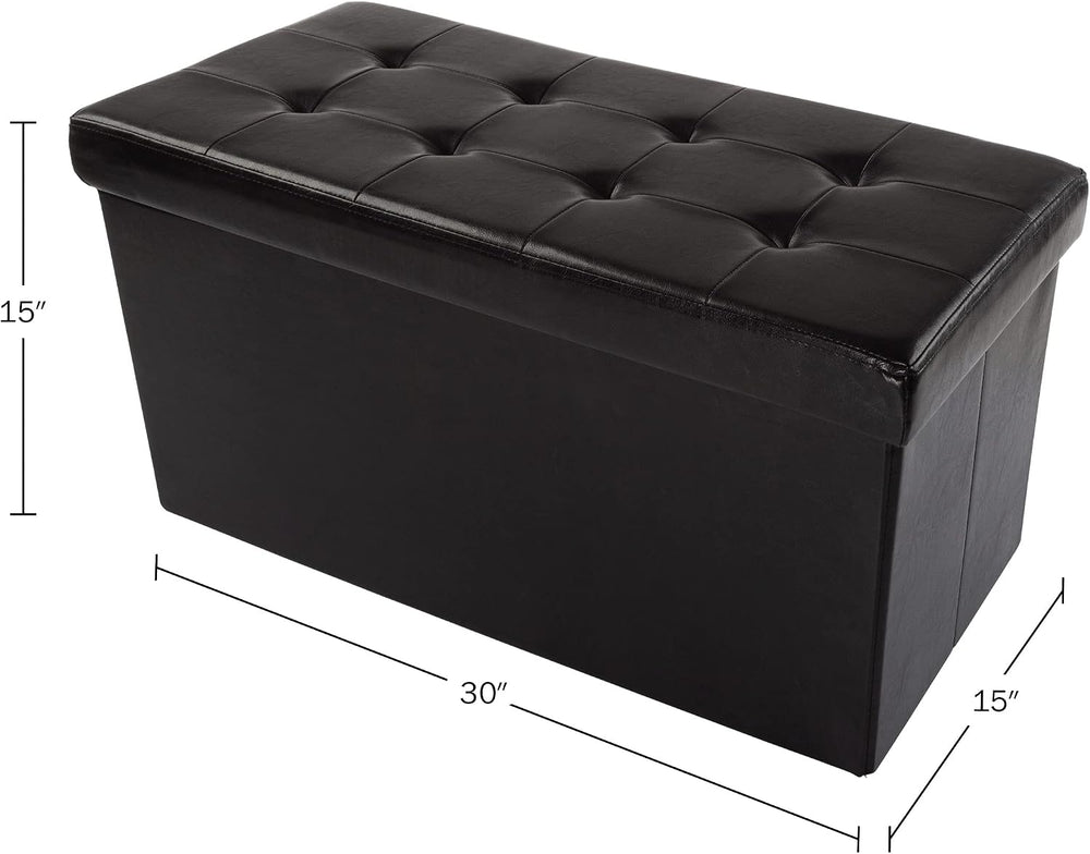 Lavish Home Storage Ottoman - 30-Inch Folding Faux Leather Footrest, Linen Ch...