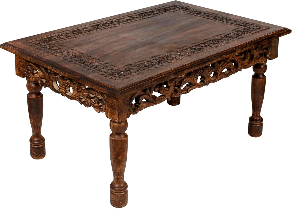 Coffee Table in Solid Wood With Hand Carving 38x24x18"_Burnt Rectangular
