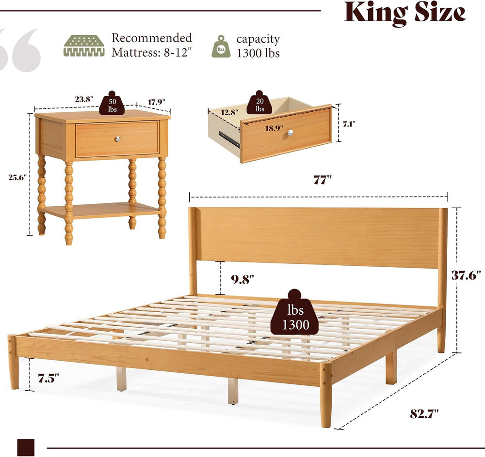 AMERLIFE 3 Piece Bedroom Set Includes Solid Wood King Platform Bed Frame with...