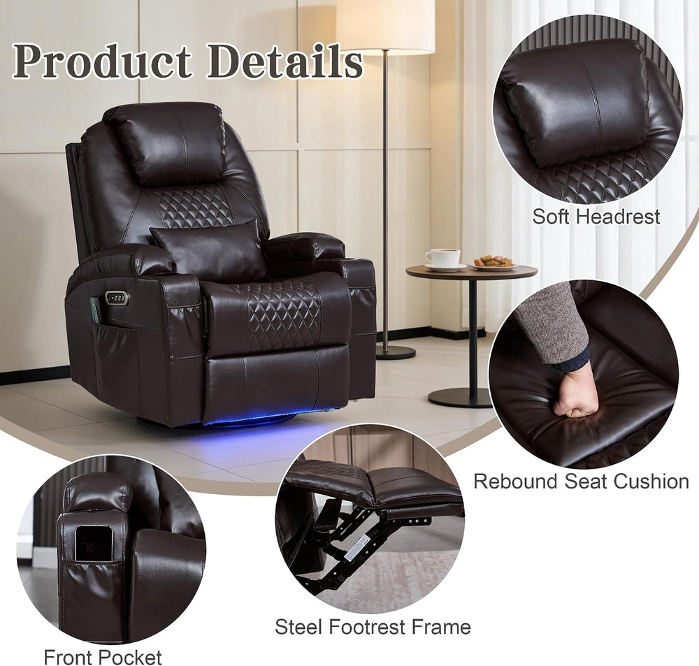 AHMED Dual Motor Power Swivel Rocker Recliner Chair, Faux Leather, Brown | El...