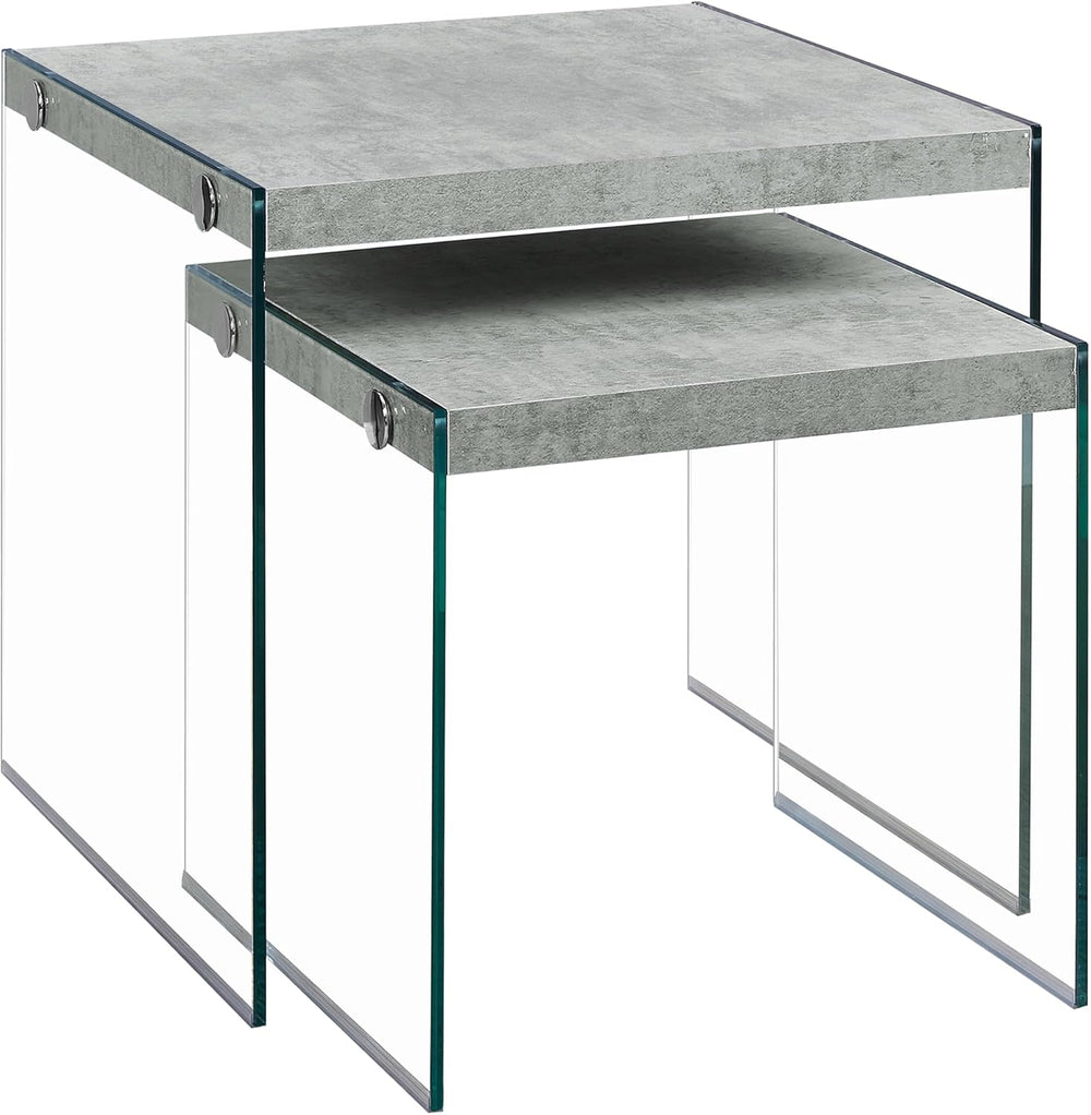 Monarch Specialties ,Nesting Table, Tempered Glass, Grey Cement