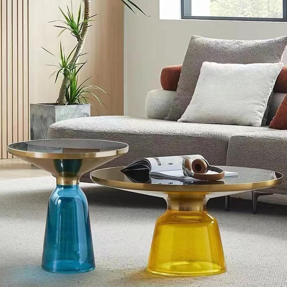 Small Glass Side Table for Living Room – Modern Round End Table with Hand-Blo...
