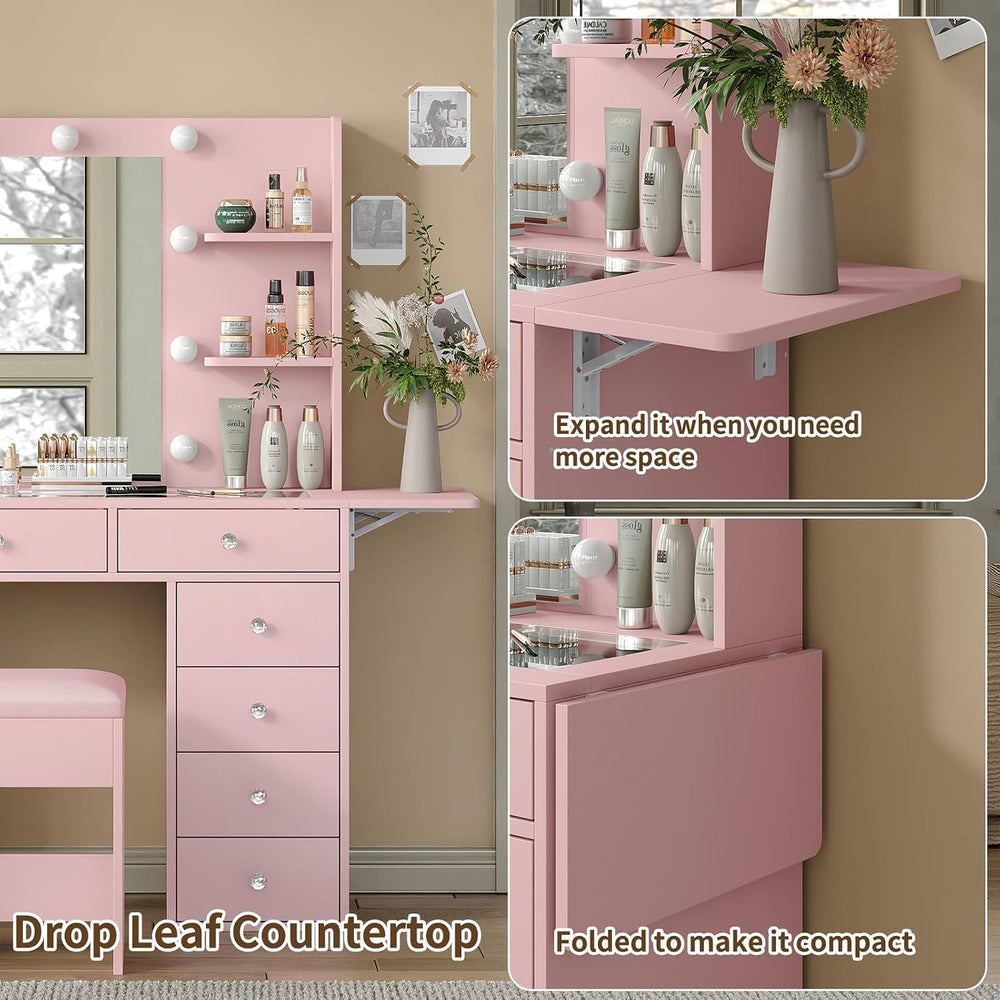FUSOU Vanity Desk with Power Outlet, 11 Drawers Makeup Vanity with Lighted Mi...
