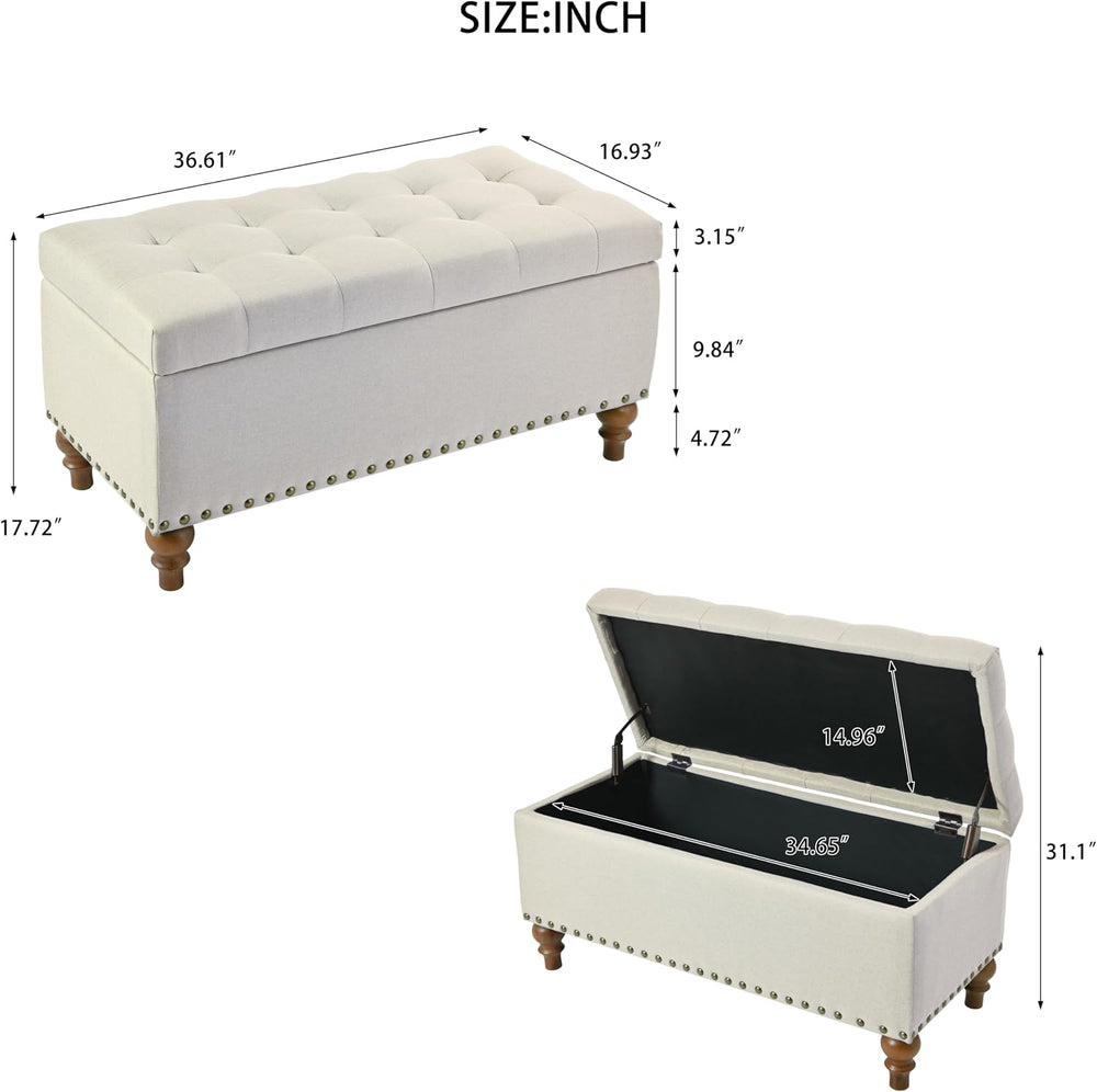 Ottoman Storage Bench, recessed Support Hinge top Easy to Open, Rivet Trim Ar...