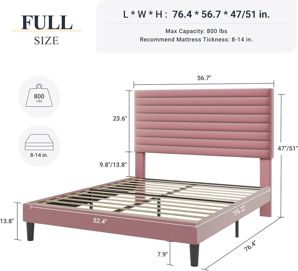 Allewie Full Bed Frame, Velvet Upholstered Bed with Adjustable Headboard