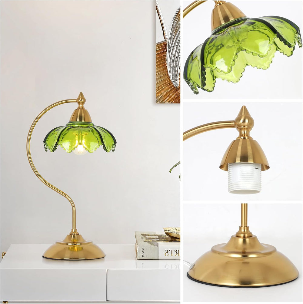 Glass Beside Table Lamp for Bedroom, Plug In Gold Desk Lamp, Vintage Flower N...