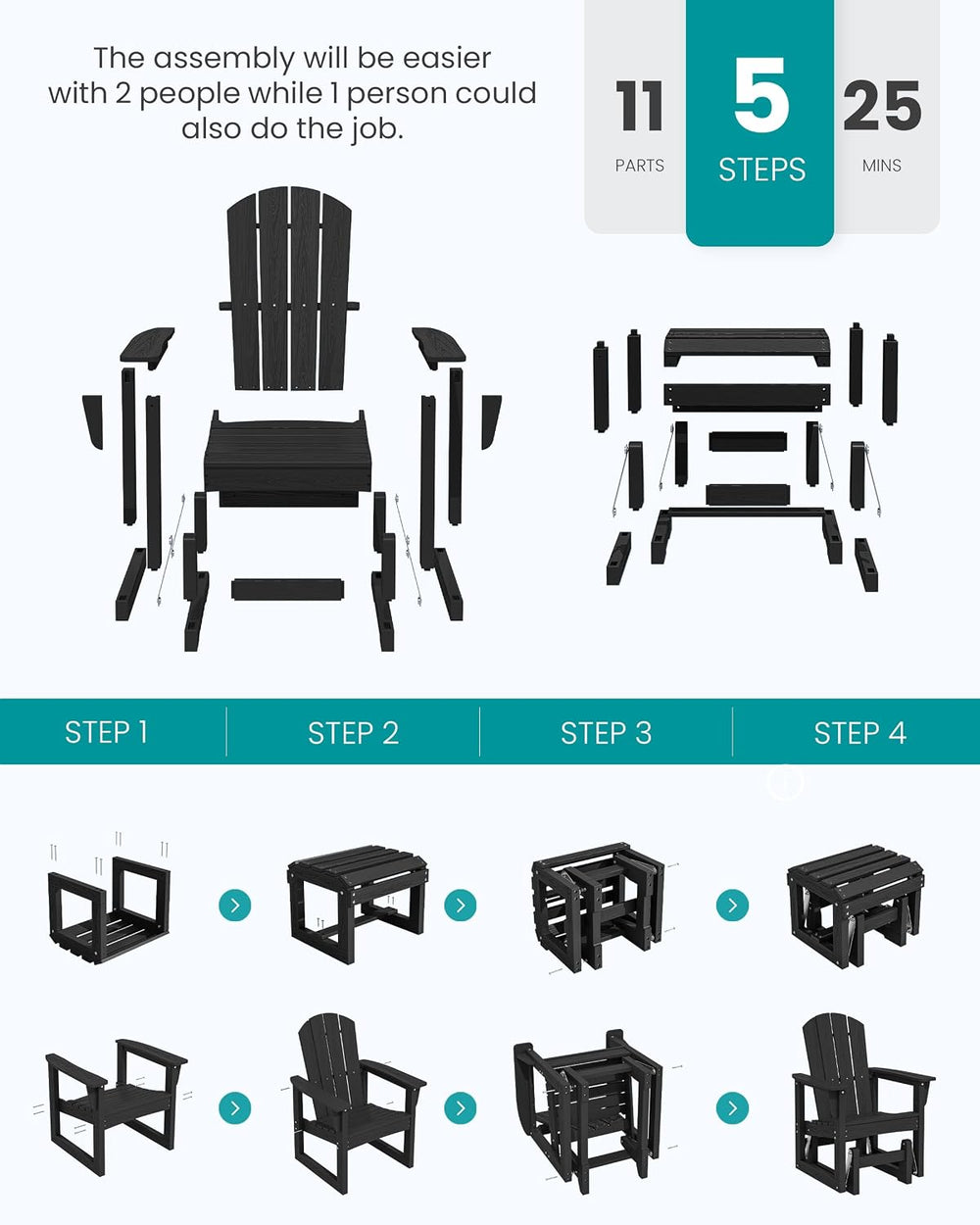 SERWALL HDPE Outdoor Glider with Ottoman Set of 4, All-Weather Patio Glider