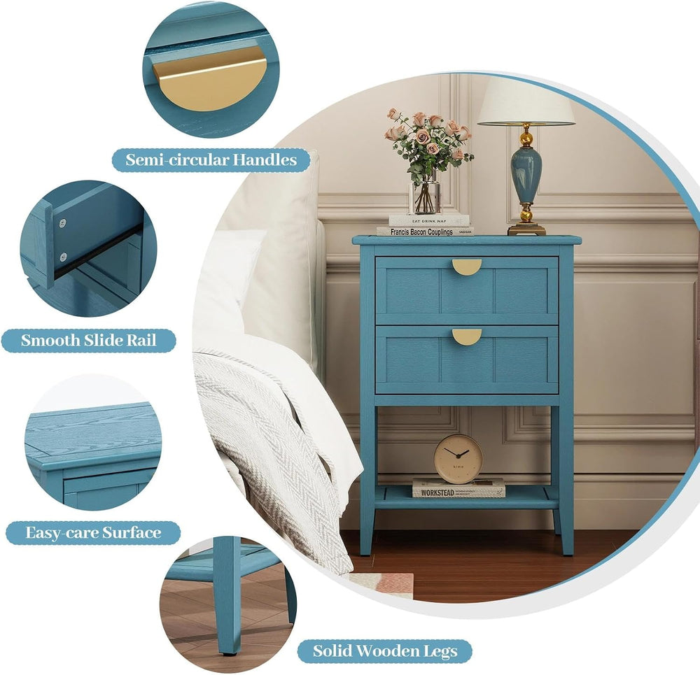 22" Blue Nightstand with 2 Storage Drawers Bedside Table with Open Shelf...