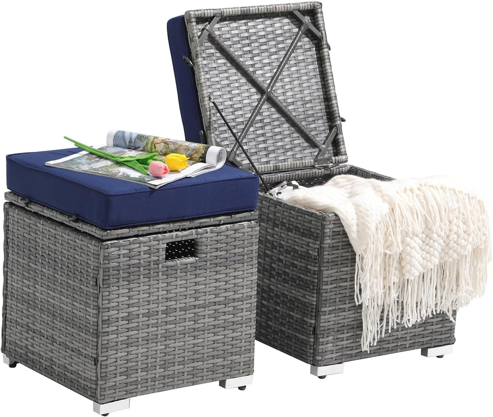 Patiorama 2 Piece Outdoor Patio Ottoman with Storage, Wicker, Navy Blue