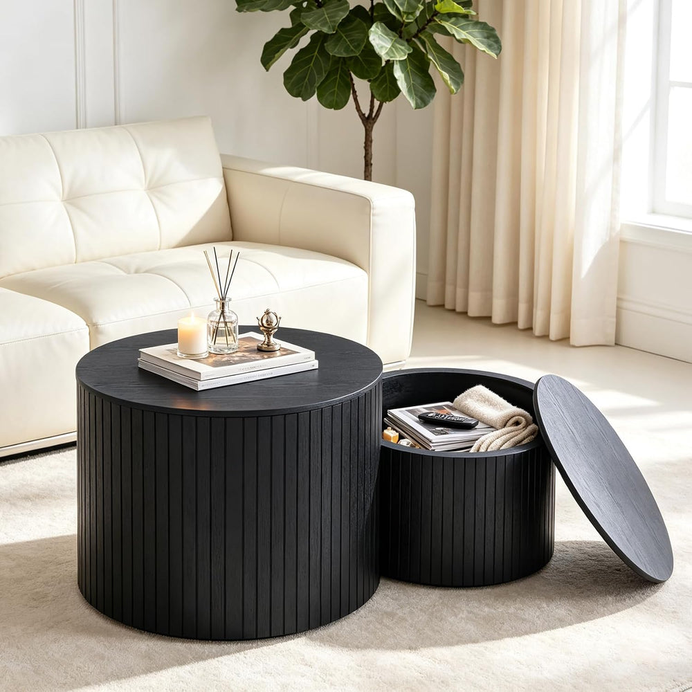 Round Nesting Coffee Table Set of 2, Wood Side Tables with Storage | Fluted W...