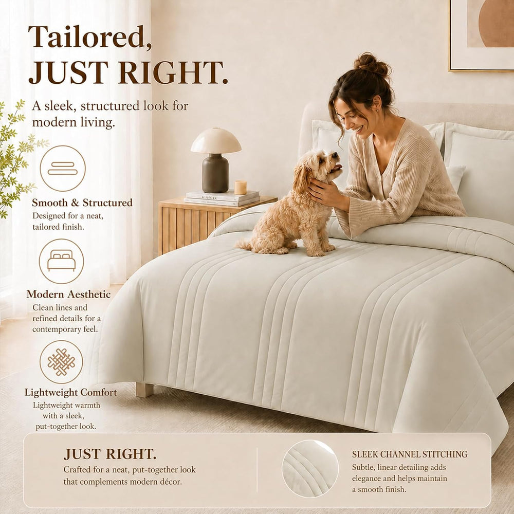 Queen Comforter Set Beige - 7 Pieces Vertical Quilted Bed in a Bag