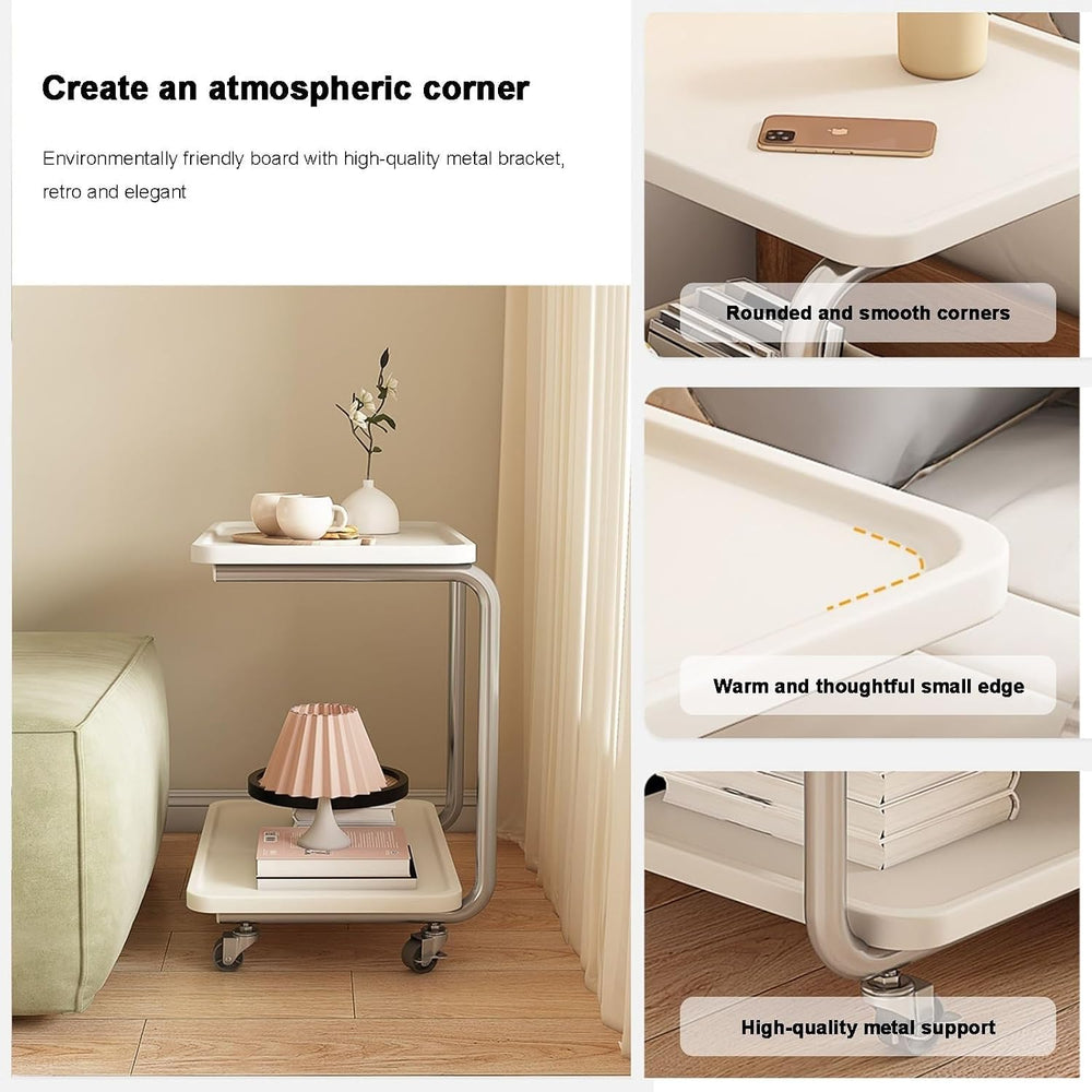 C Shaped End Table with Wheel TV Tray Sofa Table Metal Frame Waterproof Top M...