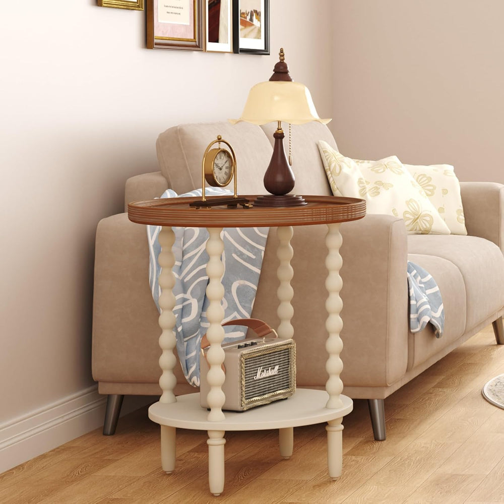Function Home Round End Table, Farmhouse Side Table with Storage Shelf, 2 Tie...