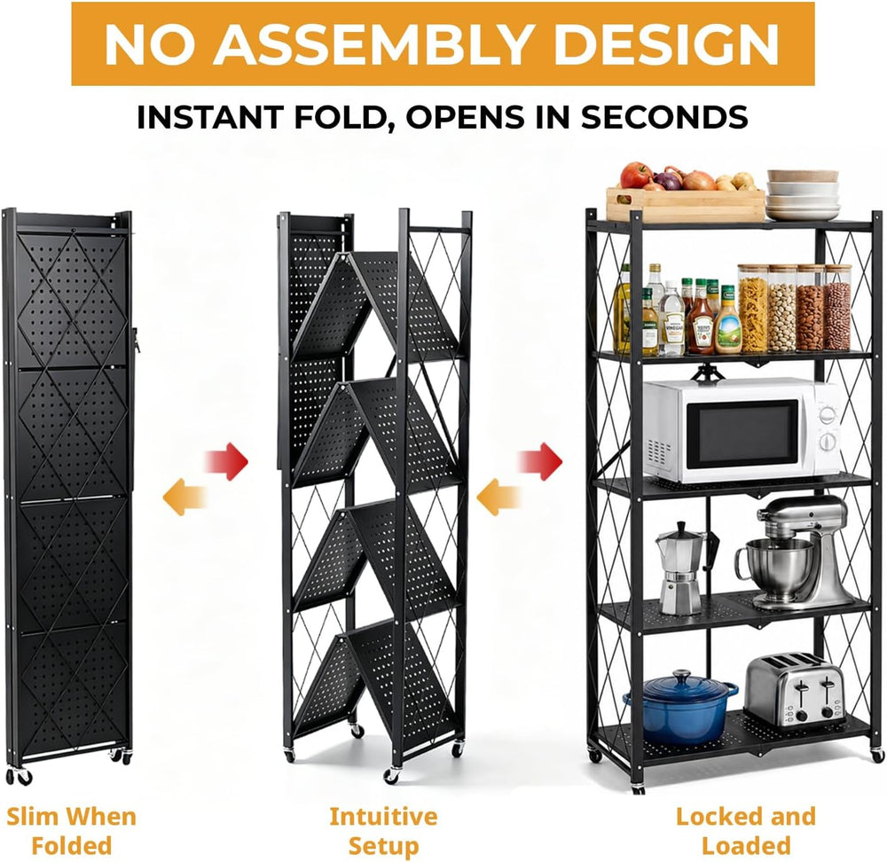 5 Tier Foldable Storage Shelf with Wheels, Heavy Duty Metal Rolling Shelf Rac...
