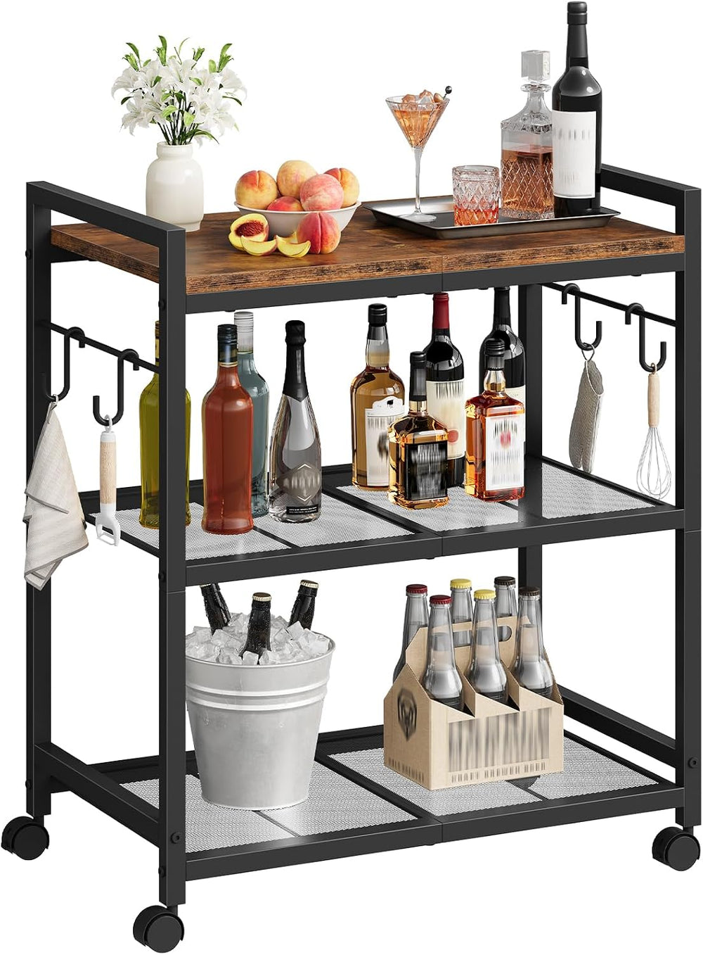 CHOEZON 3-Tier Rolling Bar Cart, Vintage Metal Kitchen Cart with Wheels, Mobi...