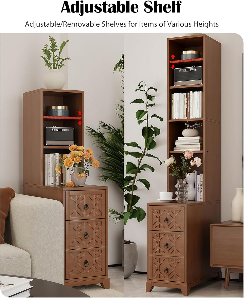 Kavie Wood Narrow Tall End Tables, Nightstand with Open Shelf & 3 Drawers...