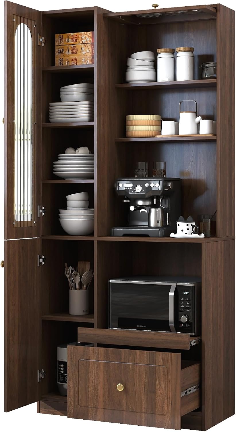 KEIKI 70.87" H Tall Kitchen Pantry Storage Cabinet with Countertop, Glas...
