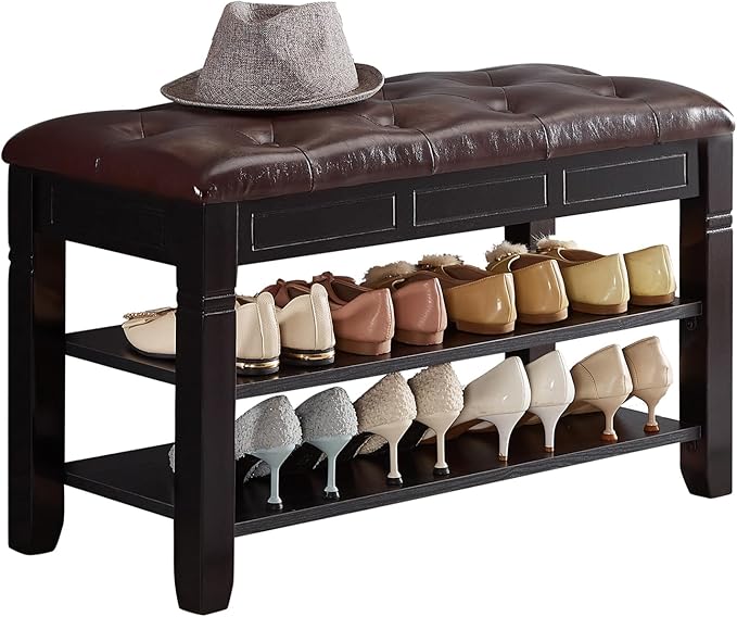 Shoe Storage Bench, Entryway Shoe Rack with Fiberleather Seat 2-Tier Lift Top...