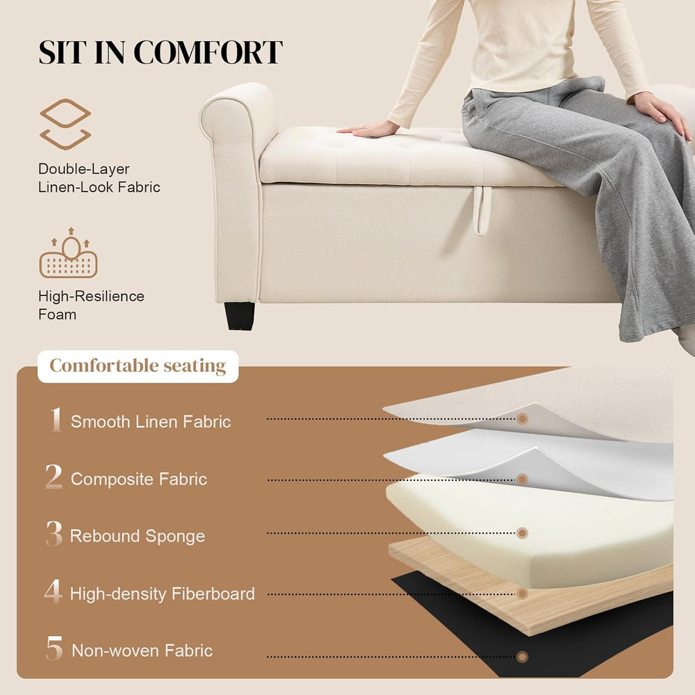 49" End of Bed Storage Bench for Bedroom, Upholstered Storage Ottoman | ...