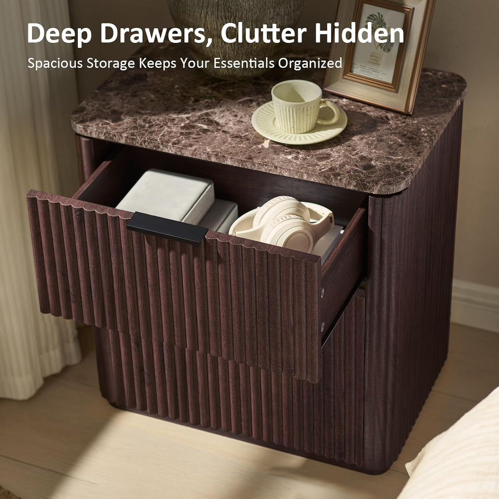 Curved Fluted Nightstand Set of 2, Faux Marble Top, Dark Oak