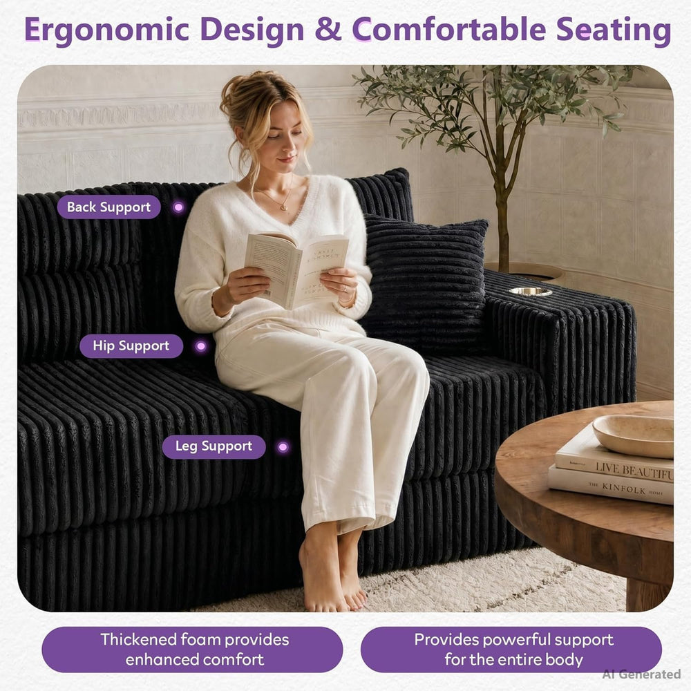 80.31“ Modular Sectional Cloud Couch, Loveseat with Ottoman, Black | Corduroy...