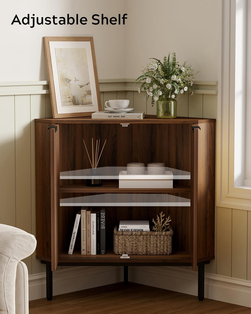 Fluted Corner Cabinet, Modern Small Floor Storage Cabinet with Adjustable She...