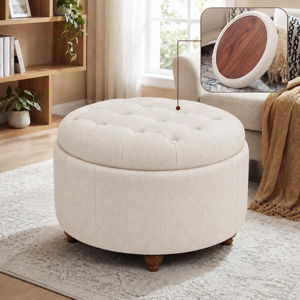 25" Round Ottoman with Storage, Small Coffee Table with Reversible Tray ...