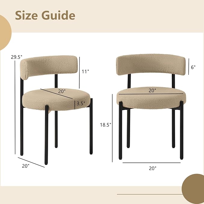 Boucle Dining Chairs Set of 2, Beige Dining Chairs with Upholstered Seat and ...